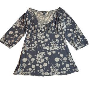 American Eagle Floral Peplum Top S Blue Gray White 3/4 Sleeve Boho Cotton Blend